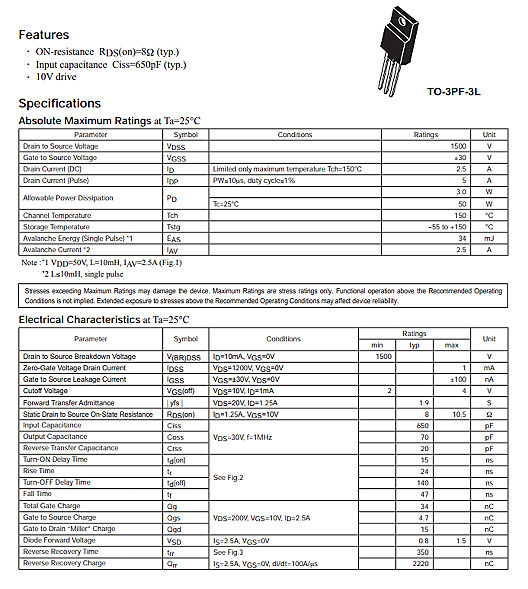 1500V2.5A仙童NDUL03N150C 1500V2.5A仙童NDUL03N150C