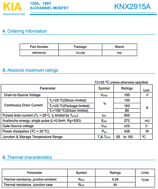 MOS管，KNP2915A參數(shù)規(guī)格，150V130A