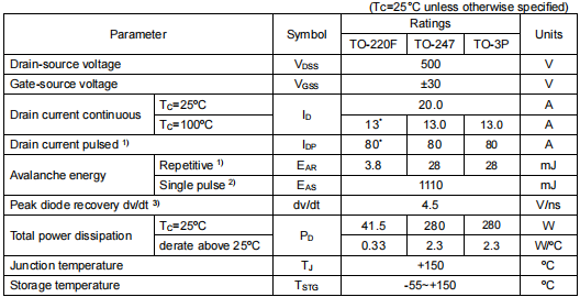 20n50參數(shù),500v20a場效應(yīng)管